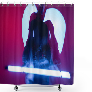 Personality  Motion Blur Of Woman Posing With Vibrant Neon Lamps On Purple Background Shower Curtains