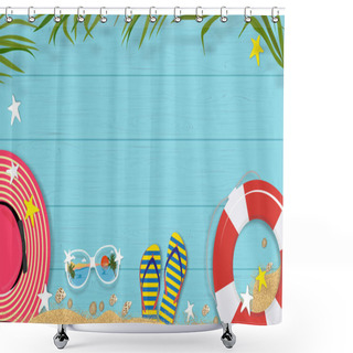 Personality  Summer Background With Beach Vacation Holiday Theme With Copy Space On Blue Wooden Panel, Vector Horizon Banner Flat Lay Tropical Summer Design With Coconut Palm Leaves Border On Wood Plank Texture Shower Curtains