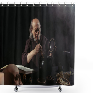 Personality  Medieval Alchemic Frowning Near Steaming Pot On Black Background  Shower Curtains