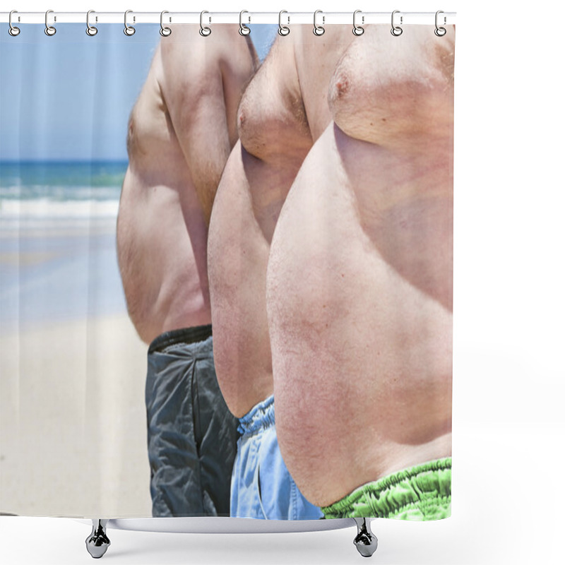 Personality  Close Up Of Three Obese Fat Men Of The Beach Shower Curtains