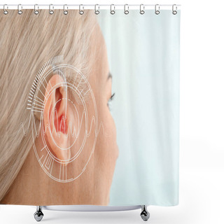 Personality  Mature Woman With Hearing Aid On Light Background, Closeup Shower Curtains