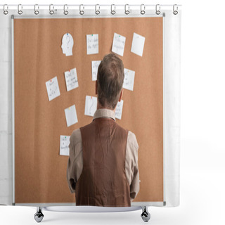 Personality  Back View Of Sick Senior Man Standing Near Board With Papers  Shower Curtains