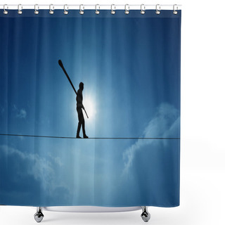 Personality  Concept Of Risk Taking And Challenge Highline Walker In Blue Sky Shower Curtains