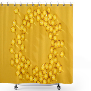 Personality  Top View Of Golden Shiny Fish Oil Capsules Arranged In Circle On Yellow Bright Background With Copy Space Shower Curtains