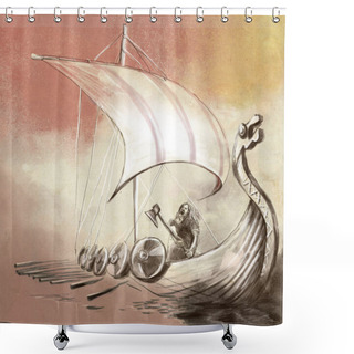 Personality  Viking Age. Drekar Ship And Warrior With The Axe Standing On Boat With Dragon Head. An Hand Painted Illustration. Shower Curtains