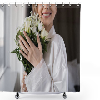 Personality  Cropped View Of Happy Bride With Engagement Ring On Finger Standing In White Silk Robe And Holding Bridal Bouquet Next To Window In Hotel Suite, Special Occasion  Shower Curtains
