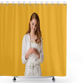 Personality  Happy Redhead Girl Using Smartphone And Smiling Isolated On Orange  Shower Curtains