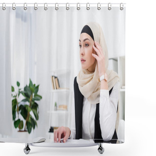 Personality  Pensive Arabic Businesswoman Sitting At Workplace In Office Shower Curtains