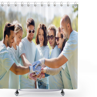 Personality  Group Of Volunteers Putting Hands On Top In Park Shower Curtains
