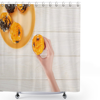 Personality  Cropped View Of Woman Taking Delicious Cupcake With Spiders From Orange Plate On White Wooden Table, Halloween Treat Shower Curtains