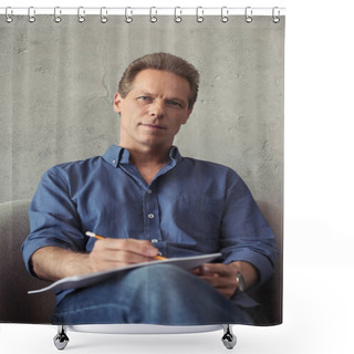 Personality  Mature Artist Drawing Picture With Pencil Shower Curtains