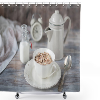 Personality  Buckwheat Porridge With Milk On Wooden Background. Shower Curtains