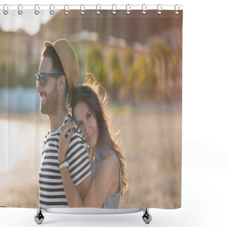 Personality  Happy Woman Embracing Her Boyfriend At Seaside Smiling Shower Curtains
