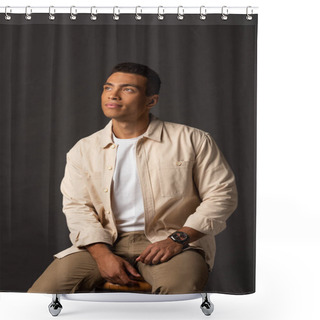 Personality  Thoughtful Handsome Mixed Race Man In Beige Shirt Looking Away On Black Background Shower Curtains