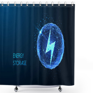 Personality  Energy Storage, Sustainable Energy Solutions Futuristic Concept With Lightning Symbol Inside Of Sphere In Glowing Low Polygonal Style On Blue Background. Modern Abstract Design Vector Illustration Shower Curtains