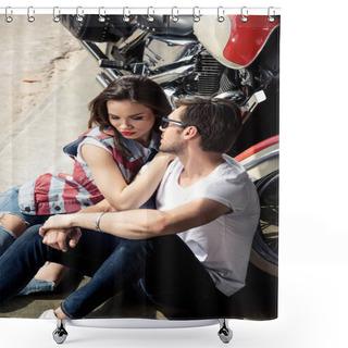 Personality  Young Stylish Couple Sitting Near Motorcycle Shower Curtains