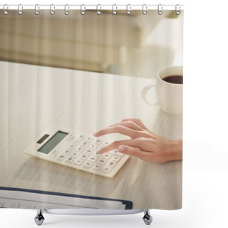 Personality  Cropped View Of Woman Counting Finances On Calculator At Table With Cup Of Coffee Shower Curtains