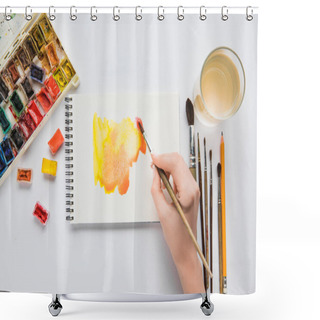 Personality  Top View Of Female Hands Drawing In Album With Watercolor Paints And Paintbrush Shower Curtains