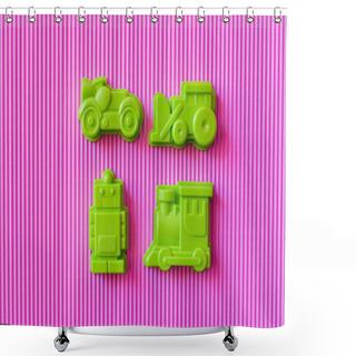Personality  Top View Of Green Toy Robot Near Plastic Vehicles On Violet Textured Background Shower Curtains