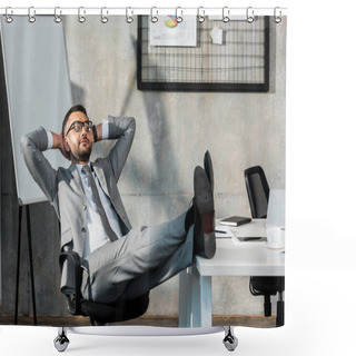 Personality  Relaxed Buisnessman In Eyeglasses Sitting With Legs On Table And Hands Behind Head In Office Shower Curtains