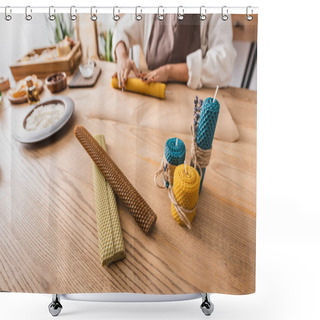 Personality  Selective Focus Of Natural Wax Sheets And Handmade Candles Near Cropped African American Craftswoman On Blurred Background Shower Curtains