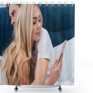 Personality  Smiling Young Woman Using Smartphone And Hugging With Husband In Bed, Relationship Problem Concept Shower Curtains