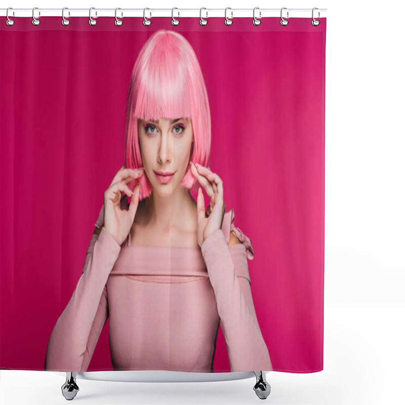 Personality  beautiful fashionable girl posing in pink wig for fashion shoot, isolated on pink shower curtains