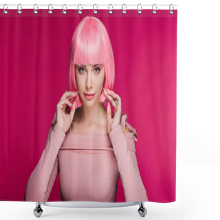 Personality  Beautiful Fashionable Girl Posing In Pink Wig For Fashion Shoot, Isolated On Pink Shower Curtains
