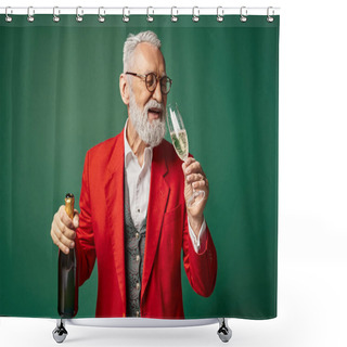 Personality  Classy Jolly Santa Claus Enjoying Champagne And Smiling On Dark Green Backdrop, Winter Concept Shower Curtains