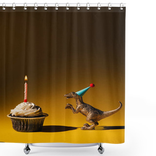 Personality  Toy Dinosaur In Party Cap Beside Cupcake With Burning Candle On Brown Background Shower Curtains