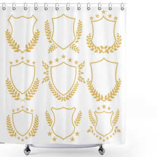 Personality  Gold Shields And Insignias Set. Decorative Golden Shields With Laurel Wreath And Stars Shower Curtains