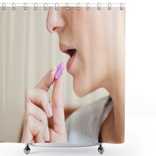 Personality  Close-up Of Woman Taking Pill Shower Curtains