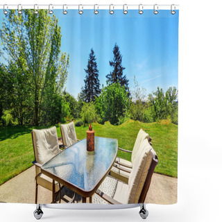 Personality  Backyard Well Kept Garden With Trees And Bushes. View From Patio Table Set. Shower Curtains