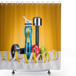 Personality  Close-up View Of Dumbbells, Measuring Tape, Bottle Of Water And Apples On Yellow Shower Curtains