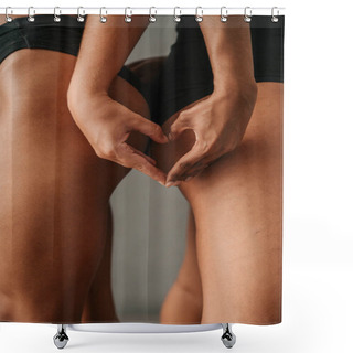 Personality  Portrait Two Women Making Heart Shape With There Hands On There Upper Thigh In The Studio. High Quality Photo Shower Curtains