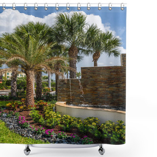 Personality  A Nicely Landscaped Florida Garden With Rock Wall And Fountain. Shower Curtains