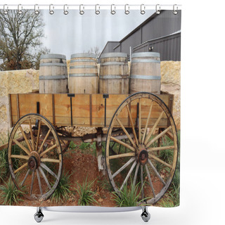 Personality  An Old Wood Wagon With Wine Barrels Loaded In A Carriage Nearby Fredericksburg, Texas Shower Curtains