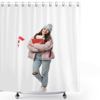 Personality  Female Student In Winter Clothes With Canadian Flag And Notebooks Isolated On White, Studying Abroad Concept Shower Curtains