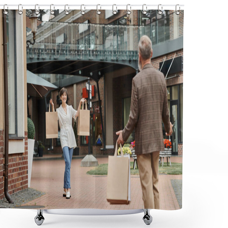Personality  Happy Elderly Woman Showing Shopping Bags To Man, Husband And Wife In Outlet, Outdoors, Lifestyle Shower Curtains