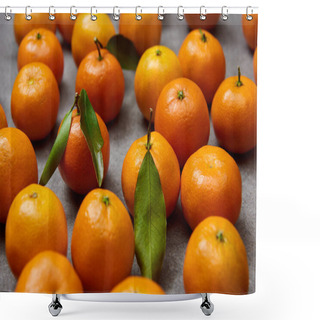 Personality  Selective Focus Of Orange Tangerines With Green Leaves On Grey Table Shower Curtains
