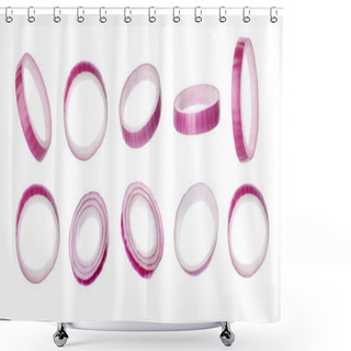 Personality  Set Of Flying Onion Slices On White Background Shower Curtains