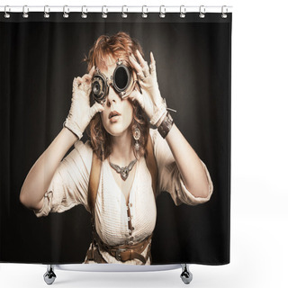 Personality  Beautiful Redhair Steampunk Girl Looking Over Her Goggles Aside  Shower Curtains