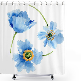 Personality  Beautiful Blue Poppy Flowers Isolated On White. Watercolor Background Illustration. Watercolour Drawing Fashion Aquarelle Isolated Poppy Flowers Illustration Element. Shower Curtains