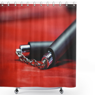 Personality  Nunchaku On Red Background Shower Curtains