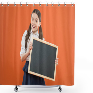 Personality  School News Concept. Check Out Responsibilities Of Pupils. Topic Of Todays Lesson. School Schedule Information. Informing Kids Changes In School Life. School Girl Pupil Hold Blackboard Copy Space Shower Curtains