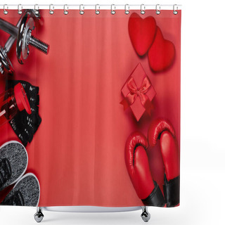 Personality  Dumbbells, Boxing Gloves, Rope, Bottle For Water, Gift Box And Two Hearts On A Red Background.Top View With Copy Space. Valentine's Day Card. Fitness, Sport And Healthy Lifestyle Concept. Shower Curtains
