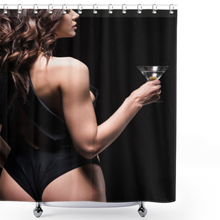 Personality  Cropped View Of Sexy Woman Holding Glass Of Martini With Olive Isolated On Black Shower Curtains