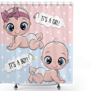 Personality  Baby Shower Greeting Card With Cute Babies Boy And Girl Shower Curtains