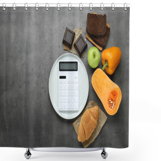 Personality  Calculator And Food Products On Dark Grey Table, Flat Lay With Space For Text. Weight Loss Concept Shower Curtains