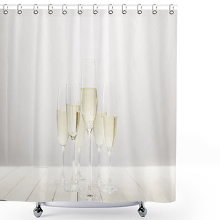 Personality  Closeup View Of Champagne Glasses On White Wooden Table  Shower Curtains